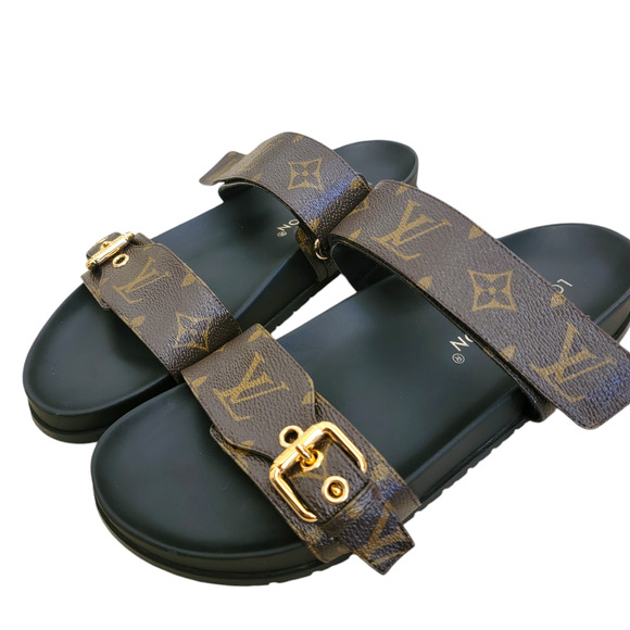 Louis Vuitton Monogram Bom Dia Leather Sandals LV Logo Brown Black Flat 10 40 - Picture 14 of 14